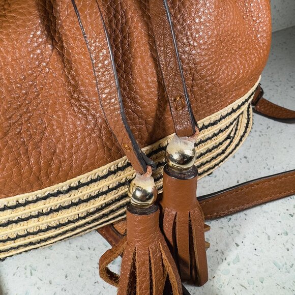 REBECCA MINKOFF Leather Raffia Trim Backpack - Brown